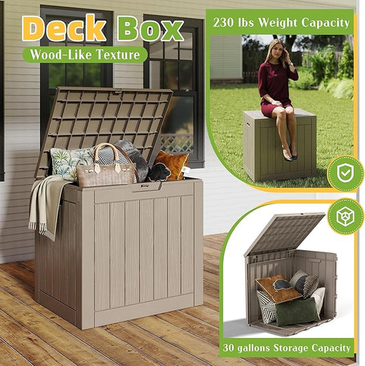 30 Gallon Outdoor Storage Box Weather Resistant UV Protection Waterproof Resin Deck Box for Garden, Patio, Porch, Delivery(Gray,30 Gallon)