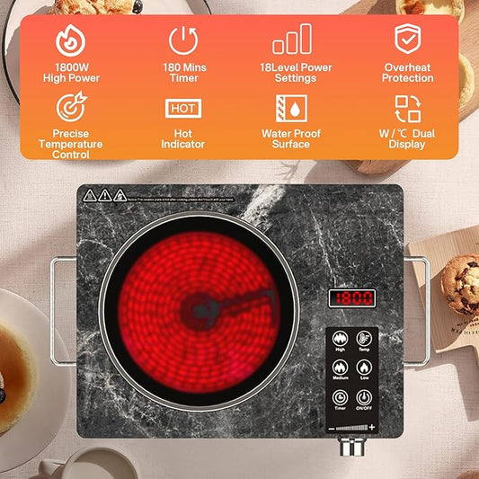1800W Single Burner Electric Stove Top, Portable Infrared Electric Cooktop with Marble Glass, 110V Ceramic Hot Plate, Countertop Burner with Timer & Knob Control, 18 Levels Power Settings