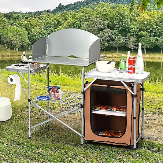 HAPPYGRILL Folding Grill Table Outdoor Camping Kitchen Table with Carry Bag Portable Aluminum Camp Cook Station for BBQ Picnic