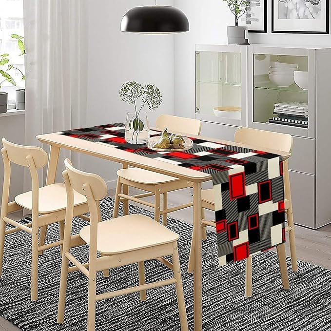 Red Gray Black Table Runners for Tabletop Decorations Mid Century Modern Abstract Geometry Lattice for Dinning Holiday Party Indoor Outdoor Decor, Abstract Lines 13x120in