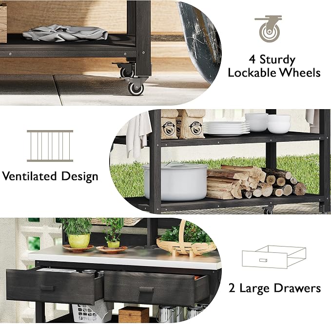 65 Inch Outdoor Potting Bench with Stainless Steel Top, Black | Black fir wood, stainless steel top, garden or patio, upper hutch, 2 drawers, towel rack, lockable wheels, 52 in L