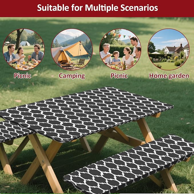 7ft 84in Picnic Table and Bench Cover, 3 Pack, Black-White Moroccan | Drawstring Bag, Waterproof Windproof, Elastic Fitted Edges Tablecloth, for Rectangle Table & Seat, Camping Essentials RV Gear