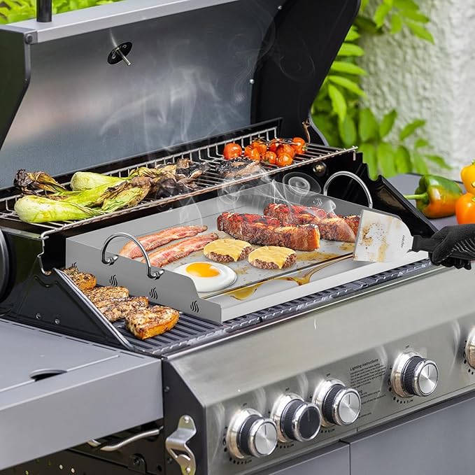 Onlyfire Griddle and Cooking Tool Kit, 23”x16” Outdoor Flat Top Griddle Plate with BBQ Scraper, Spatula and Scouring Pad for Gas and Charcoal Grills