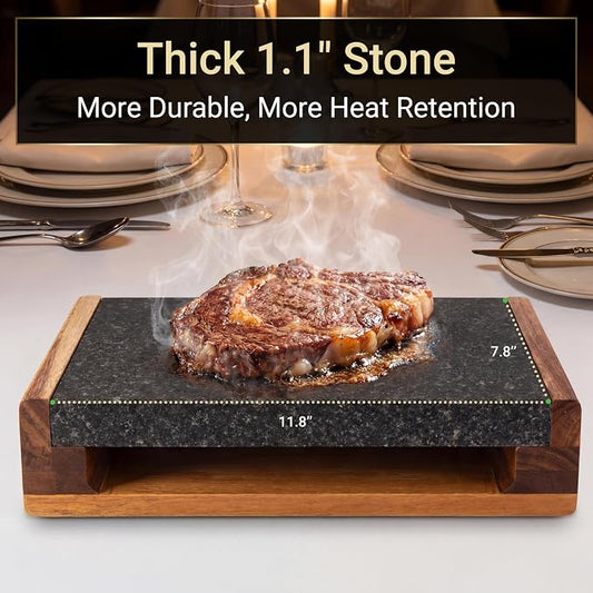 Nutrichef Cooking Stone Grill Set - Hot Lava Rock Sizzling Plate for Steak BBQ & Meat Grilling with Stainless Steel Knives, Cooks and Retains Heat & Flavor, Heated Tray for Serving Food (Pack of 3)