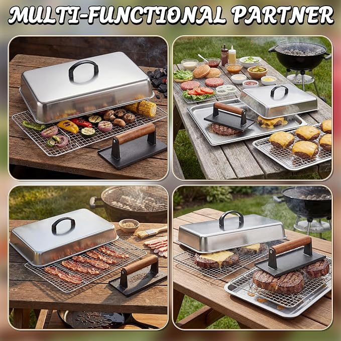 14 Inch Large Melting Dome and Grill Press Kit, 4 Pcs Griddle Accessories Set, Stainless Steel Cheese Basting Cover, Burger Bacon Press, 2 Cooling Racks for Flat Top Grill Indoor Outdoor