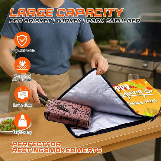 BBQ Blanket for Resting Meat, Reusable Smoker Grilling Insulated Resting Bag with Wide Mouth for Large Brisket/Beef/Turkey (Holiday 25in)