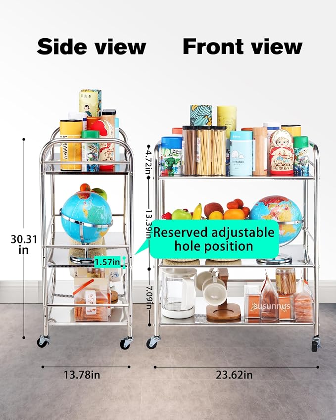 susunnus Stainless Steel Cart,Movable,3 Tier,for Kitchen,Living Room | with Brakeable Wheels,Removable checkered panel,for Bathroom,Dining Room,Stainless Steel Kitchen Cart,Utility Cart,Metal Cart