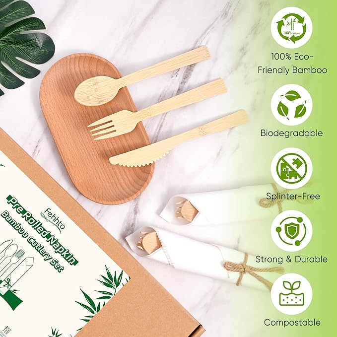 Napkin and Bamboo Cutlery Set, Compostable Utensils Disposable Cutlery for Party, Wedding, BBQ, Camping, Events-50 Pack (Forks, Knives, Spoons, Rolled Napkins)