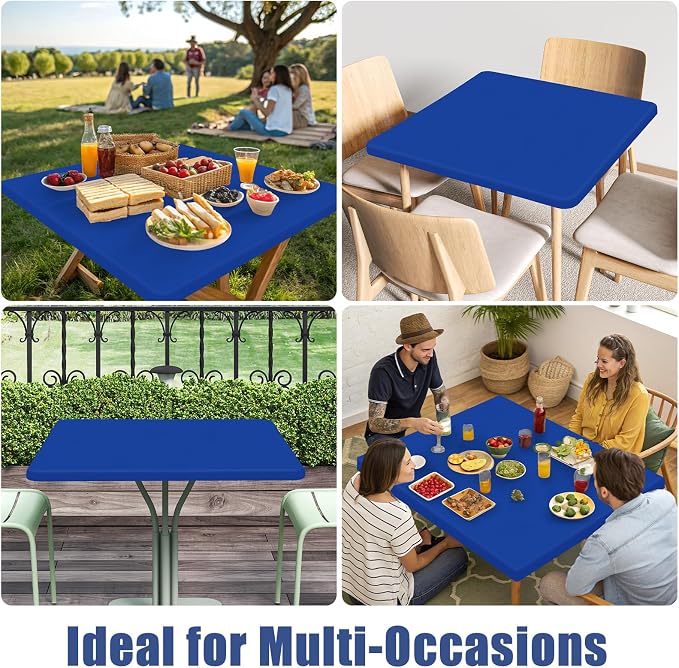 Moosfor 2 Pack Square Spandex Fitted Table Cloth, Elastic Tablecloth | Washable Picnic Table Cover, Stretch Waterproof Table cloths for Party, Patio, Dining, Kitchen, 34" x 34", Blue
