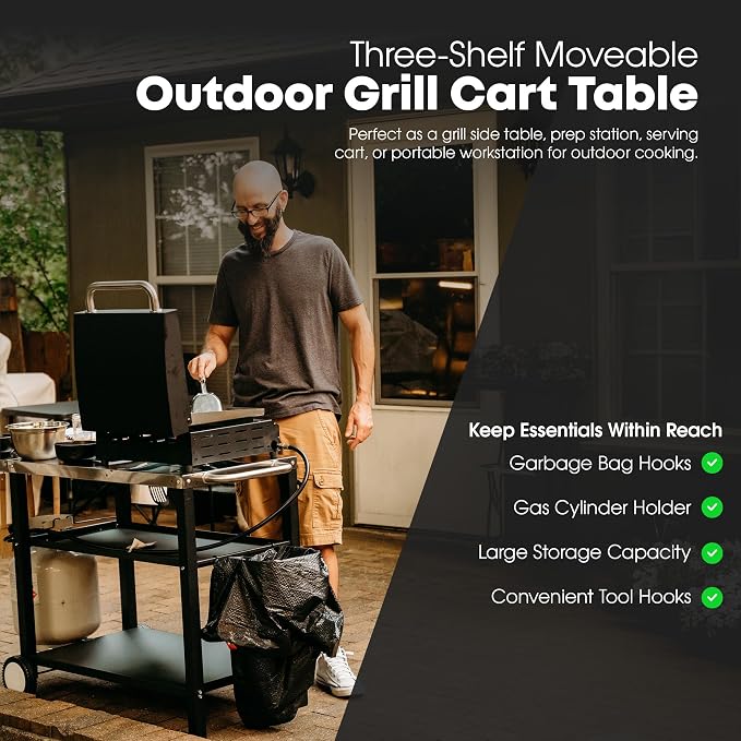 GasOne Stainless Steel Grill Table – 44 x 20-inch Rolling Grill Cart – Multifunctional Outdoor Side Table with Side Shelf, Trash Bag Hanger, Tool Holder – Ideal for Food Prep, Pizza Oven, Griddle