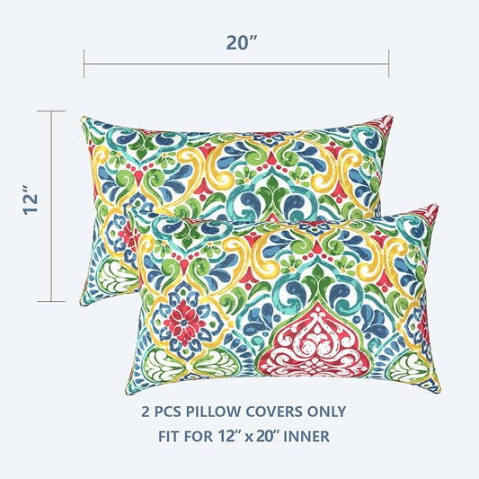 LVTXIII Outdoor Lumbar Pillow Covers Only Set of 2 Patio Decorative Pillow Cases, Water Repellent Lumbar Cushion Cases for Sofa, Patio Couch Garden Use, 12x20 Inch, Damask Red