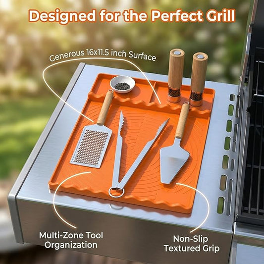Silicone Grill Mat Compatible with Blackstone,Heat Resistant,16 x 11.5 Inches,Three-Zone Design with Storage Compartment, Dishwasher Safe (Orange)