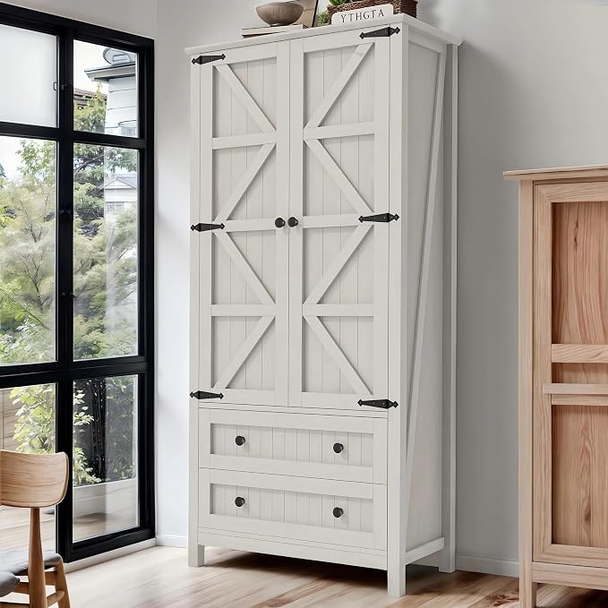 DWVO 64.5" Pantry Cabinet with Barn Doors, 2 Drawers & Shelves, Off White | Farmhouse Storage Cupboard for Dining Room, Living Room, and Bathroom