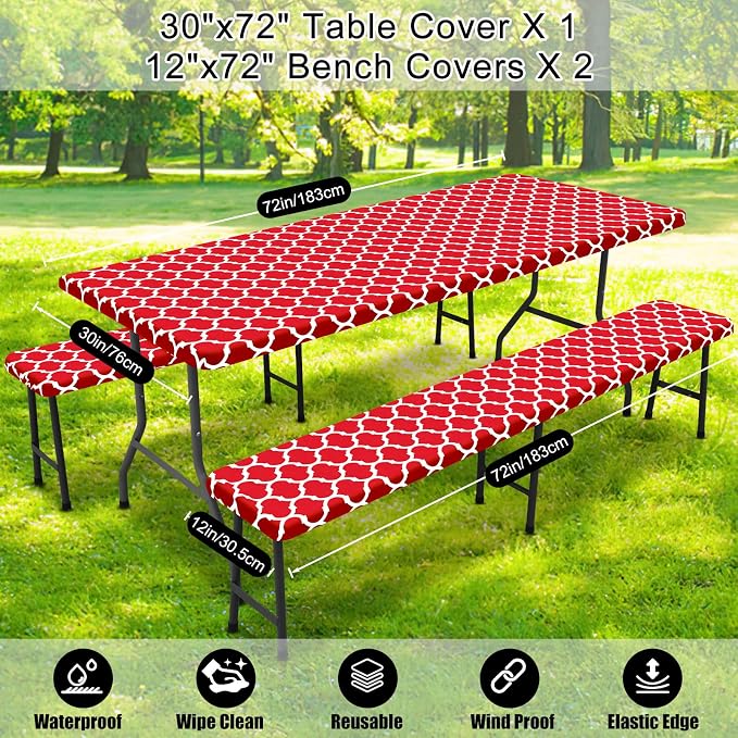 Smiry Picnic Table Cover with Bench Covers, Waterproof Elastic Fitted Tablecloth for 6 Foot Tables, Washable Polyester Tablecloths for Camping, Indoor & Outdoor (Red, 30x72 Inch 3-pc Set)