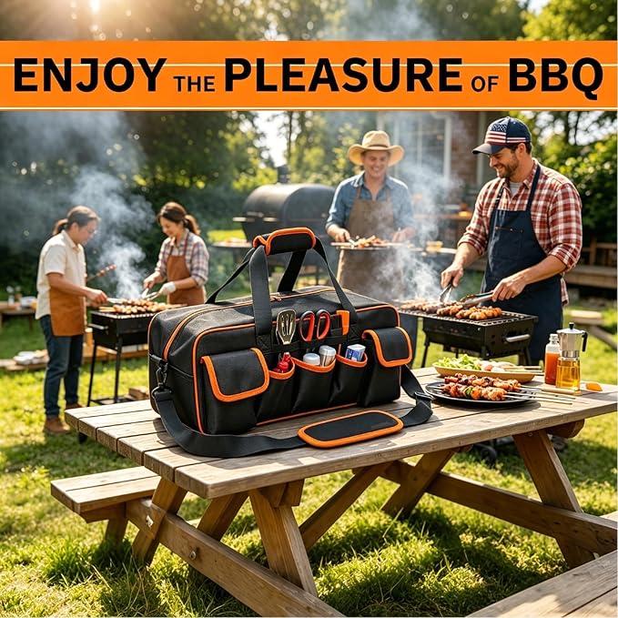 Grill Tool Storage Bag, 22"Large Capacity BBQ Tool Bag with 6 Pockets, 1680D Heavy Duty Blackstone Griddle Accessories Storage, Outdoor Camping Utensil Organizer with Shoulder Strap, Bag Only