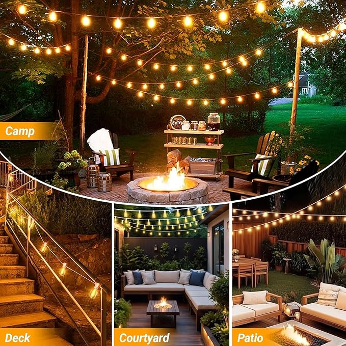 LAMPHOME 4-Pack 26FT Outdoor Patio Lights, 2700K Warm White String Lights 12+1 LED Waterproof Shatterproof Edison Bulbs, Dimmable with Timer for Garden Backyard Yard Hanging Lighting