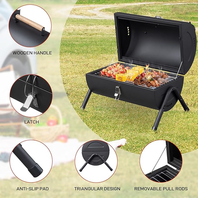 Portable Charcoal Grill, Tabletop Outdoor BBQ Smoker with Chimney, Built-in Thermometer & Wooden Handle, Foldable Camping Grill for Outdoor Cooking Camping,Picnics,Backyard, Black (42 * 30 * 36cm)