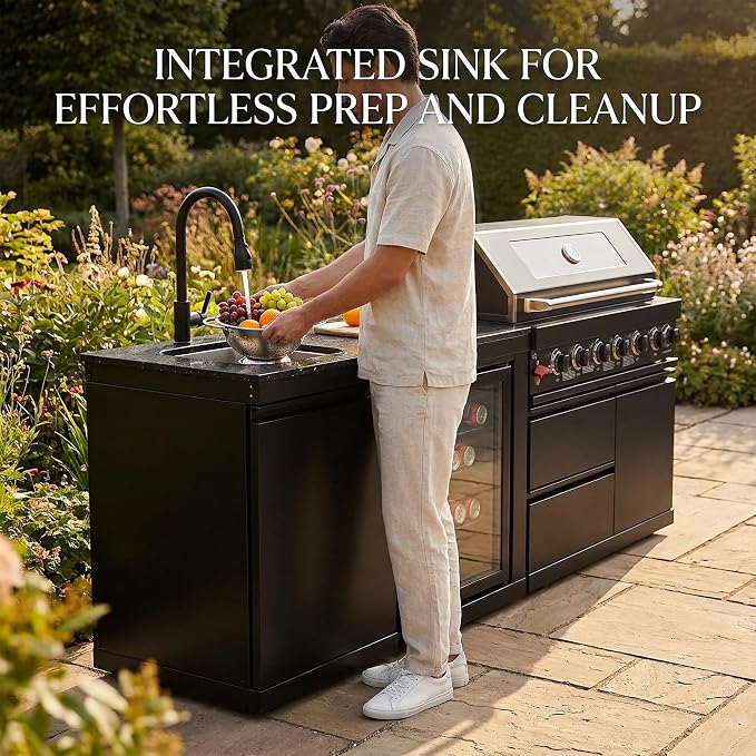 82 Inch Outdoor Kitchen Island, 6-Burner 85000 BTU Propane Stainless Steel BBQ with Side/Rear Burners, With Refrigerator and Sink, Rotisserie, Marble Countertops, Storage, For Backyard BBQ