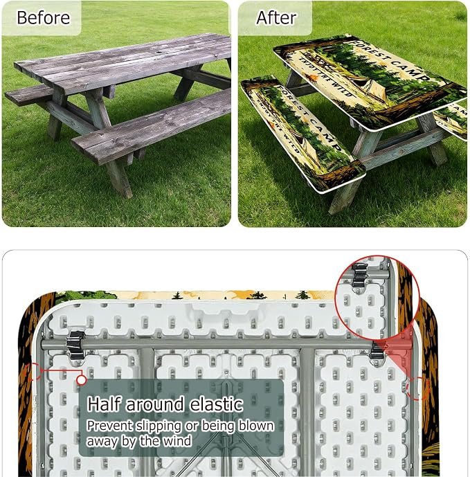 3 Piece Picnic Table Cover with Bench Covers and Bag, Camping Essentials | Outdoor 6ft Table Cover with Elastic Edges, Waterproof Windproof, for Rectangle Tables and Seat for Patio, Forest (30"x72")