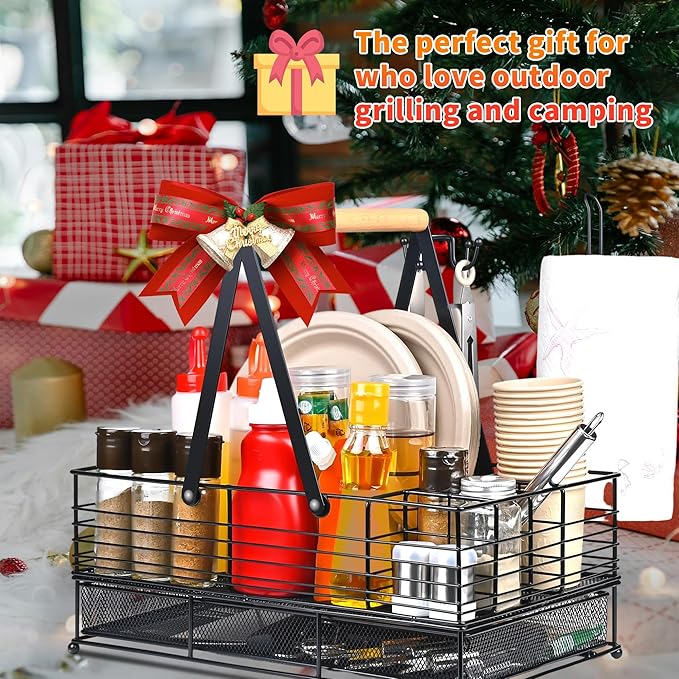 Grill Caddy with Paper Towel Holder and Plate Holder,Picnic BBQ Condiment Utensil Organizer Caddy for Camping, Rv, Camping Essential, Camper Must Haves, Grilling Gifts for Men