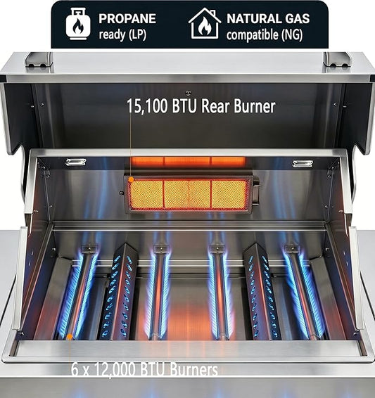 6 Burner Built In Gas Grill Island Head, Stainless Steel 39 Inch Propane Grill with Rear Burner, 72,000 BTUs, 684 SQ In Racks with Dual Fuel Compatibility