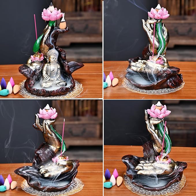 Waterfall Incense Burner, River Incense Holder, Meditation Decor with Upgrade Incense Cones and Accessories (Lotus Hand)