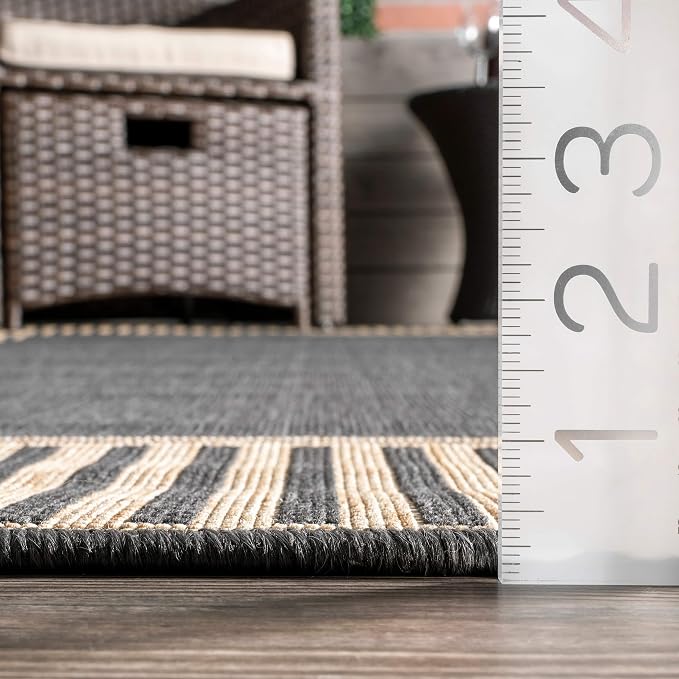 Nuloom Asha Dark Grey/Ivory, 9'6" x 12', Casual, Striped Border, Soft and Cozy, High Traffic, Stain Resistant, Easy Clean, Durable Area Rug for Indoor/Outdoor Patio, Deck, Porch, Garden, Courtyard