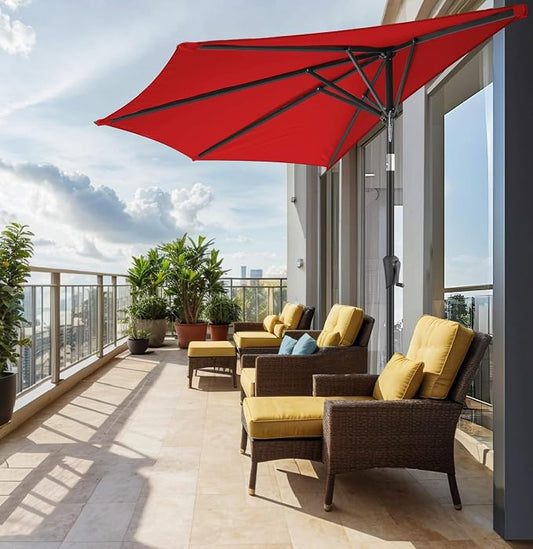 FLAME&SHADE 9ft Half Patio Umbrella - Half Outdoor Umbrella with Tilt UV Protection Waterprool, Half Round Table Umbrella for Wall Balcony, Pool, Porch, Garden, Deck, Market, Backyard (Red)