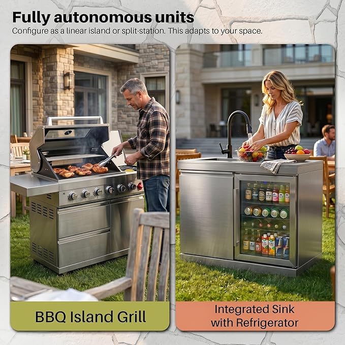 84 Inch Outdoor Kitchen Island Grill, 6 Burner 75300 BTU Stainless Steel Propane Gas Grill Island with Sink and Refrigerator, Modular BBQ Barbecue Island with Granite Countertop and Rotisserie Kit