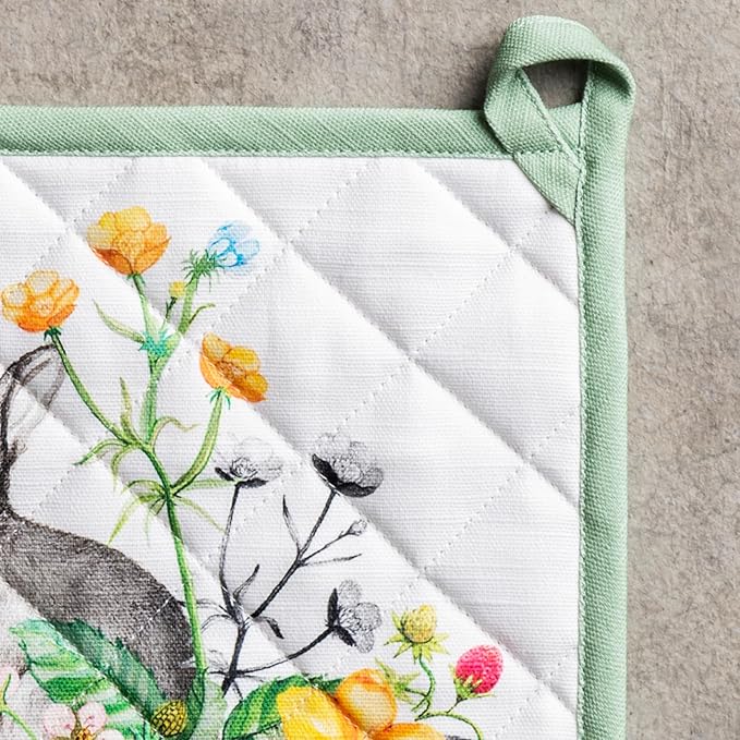 Maison d' Hermine Pot Holders 100% Cotton Heat Resistant Potholders 8" x 8" Hot Pads with Loop BBQ Cooking Baking Hotel Farmhouse Kitchen Handling Hot Pans Spring Summer (Pack of 2, Printemps)