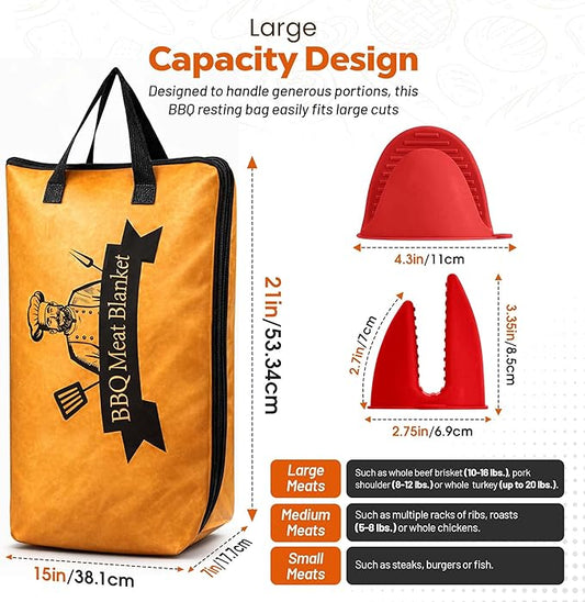 21in Insulated BBQ Meat Resting Bag with Silicone Oven Mitts – 5-Layer Reusable Meat Swaddle, Blanket for Smoker, Beef, Pork, Turkey, Meat Cooler and Resting Bag – Brown