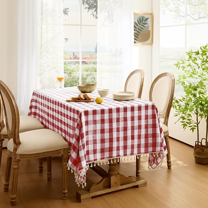 Softalker Checkered Tablecloth Rectangle, Outdoor Linen Cotton Gingham Table Cloth with Tassel, Heavy Duty Wrinkle Free Buffalo Plaid Table Cover for Kitchen Dining Summer Party - 55 x 70 Inch, Red