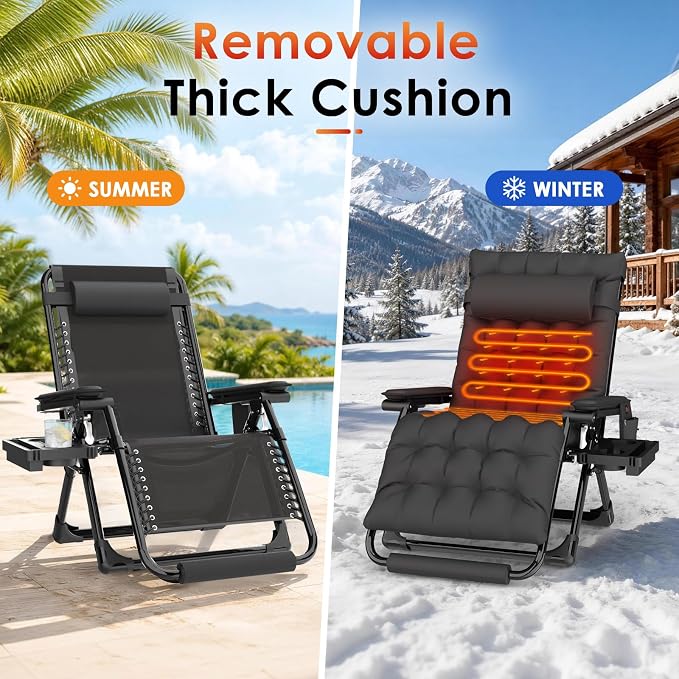 Slendor Heated Oversized Zero Gravity Chairs 33In, XXL Lounge Chair, Black | Anti Gravity Recliner with 3 Heat Levels for Back & Seat, Headrest & Cup Holder, Folding, Supports 500lbs, (Battery Not)