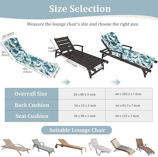 Chaise Lounge Cushions Outdoor Set of 2 Lounge Chair Cushion 80" L x 26" W with Headrest Straps 3'' Thick Waterproof Patio Chaise Cushions Pool Lounger Chair Cushion(Leaves & Flowers)
