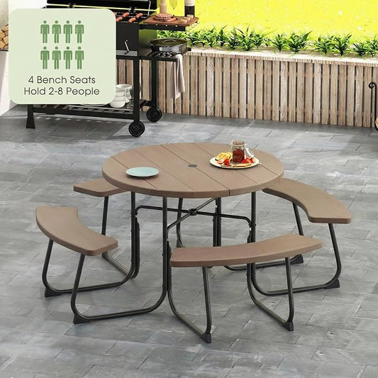 Tangkula 8 Person Picnic Table, Outdoor Round Picnic Table with 4 Built-in Benches, Umbrella Hole, Metal Frame & HDPE Tabletop, Outside Table and Bench Set for Backyard, 2300lbs Weight Capacity