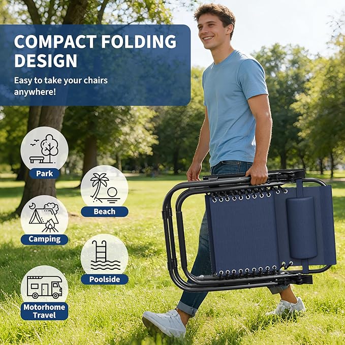 Garvee Zero Gravity Chair Set of 2, Patio Lounge Chair Outdoor with Pillow & Cup Holder Tray, Adjustable Reclining Chair, Folding Portable Camping Chair for Deck, Beach, Yard, Garden - Navy Blue