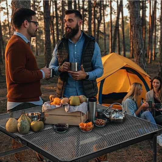 Square Folding Card Table with Adjustable Height (12" & 26"), Black Portable Metal Mesh Table for Camping, BBQ, Picnic, Game, Patio & Indoor Use, Fits 2–4 People, Lightweight 7.6 lb, Supports 66 lb