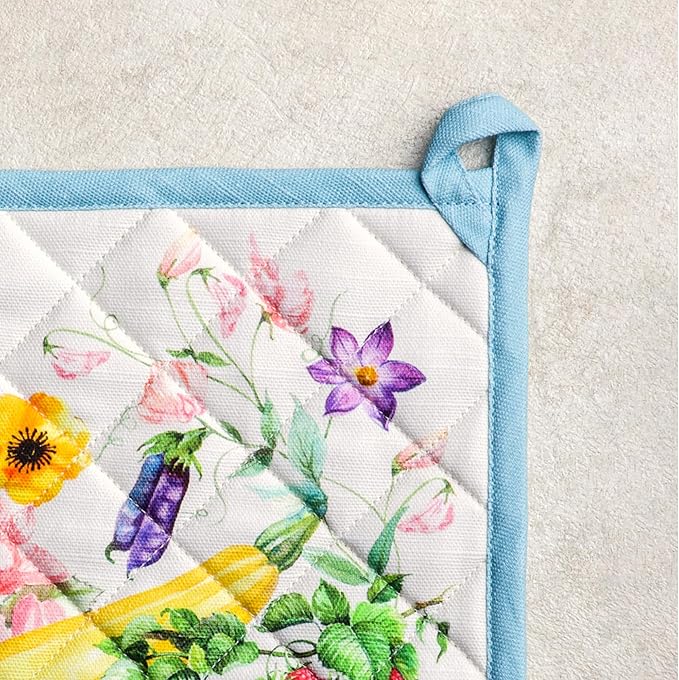 Maison d' Hermine Pot Holders 100% Cotton Heat Resistant Potholders 8" x 8" Hot Pads with Loop BBQ Cooking Baking Hotel Farmhouse Kitchen Handling Hot Pans Spring Summer (Pack of 1, Giverny)