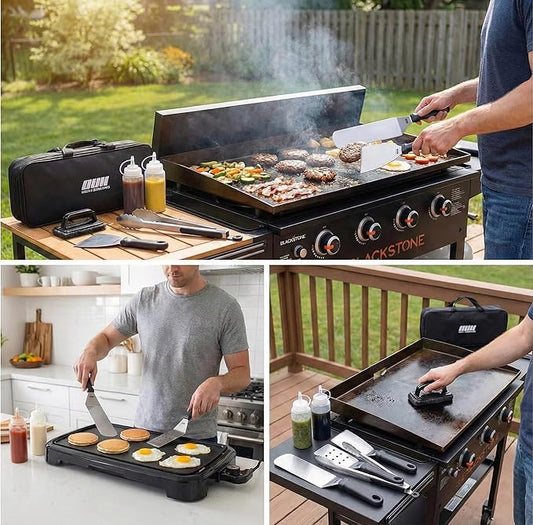 Flat Top Griddle Accessories for Blackstone and Camp Chef Griddle - 9 Pieces Set with Griddle Cleaning Kit and Carry Bag! Metal Spatula, Scraper for Hibachi and Teppanyaki Grill