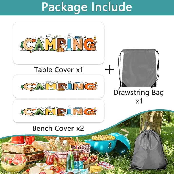 Kids Picnic Table Cover with Bench Covers & Storage Bag 3PCS, 30x60 Inch Cartoon Camping Themed Waterproof Fitted Outdoor Patio Tablecloth with Elastic Edges, Camping Essentials for Garden Campsite