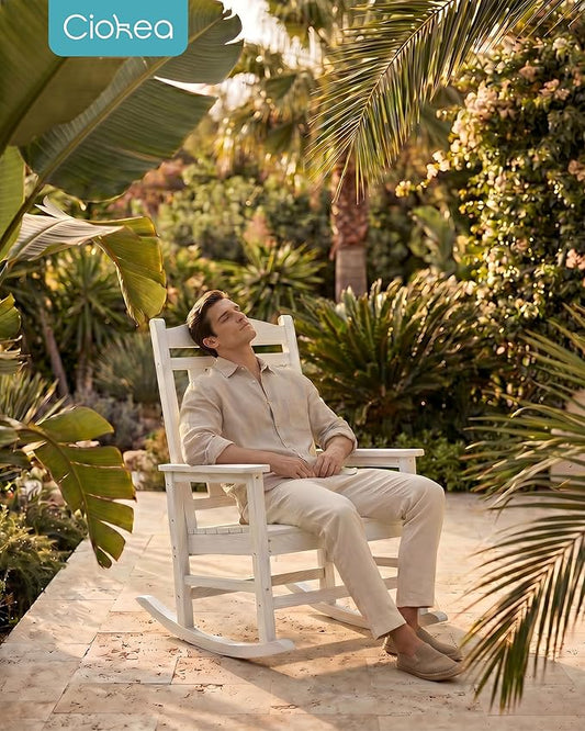 Ciokea Oversized Outdoor Rocking Chair, 380lbs Heavy-Duty Large Patio Rocker, Weather Resistant & Anti-Fade Porch Chair, High Back Cozy Rocking Chair for Outside, Fire Pit, Deck, Garden, White