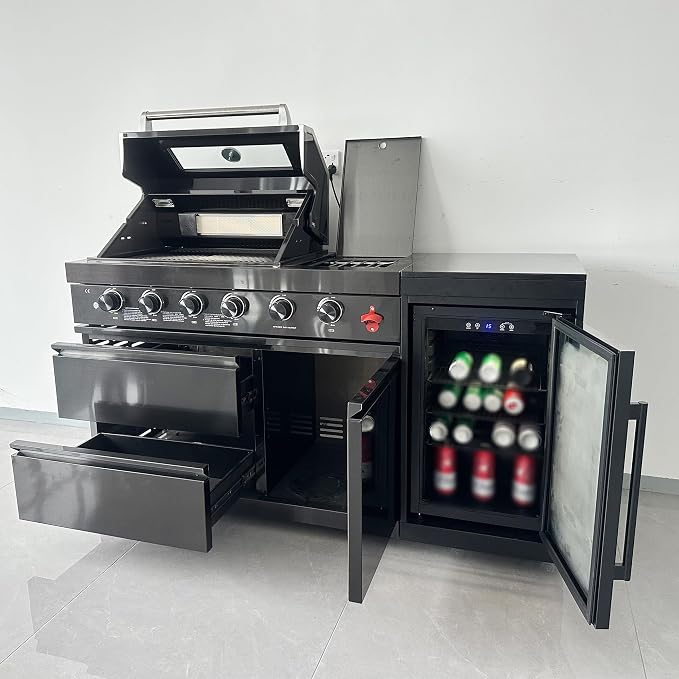 65-Inch 4-Burner 72,000 BTU Deluxe Stainless Steel Propane Gas Outdoor Kitchen Barbecue Island Grill, Wine Cooler, Compact Refrigerator, Marble Countertops