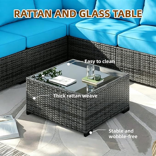 MOCHITO 7 Pieces Outdoor Patio Furniture Sets, All-Weather Sectional Sofa Grey PE Rattan Wicker Conversation Set with Glass Table and Washable Turkish Blue Cushions for Backyard,Sunroom,Garden,Porch