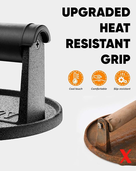 HULISEN Pre-Seasoned Cast Iron Burger Press Includes 100 Pcs Patty Paper, 2.3lb Heavy Duty 6” Burger Smasher for Griddle with Heat Resistant Handle, Grill Press for Hamburger, Bacon, Meat