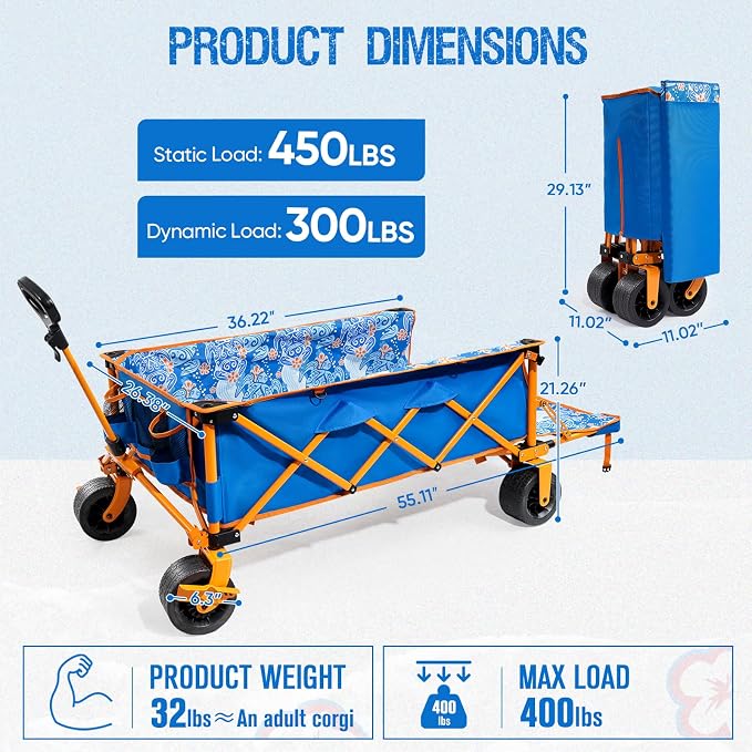 Extra Large Heavy-Duty Beach Wagon - 55.11" x 26.38" Foldable Utility Cart with 400 lbs Capacity, Compact Fold Design, Ideal for Beach, Camping, Groceries, and Outdoor Adventures