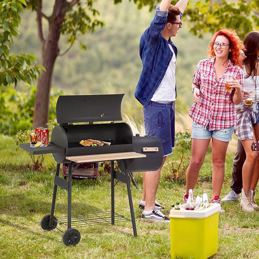 48" Steel Portable Backyard Charcoal BBQ Grill and Offset Smoker Combo with Wheels