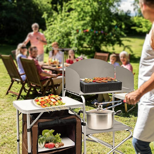 CampLand Folding Camping Kitchen Table with Windscreen,Portable Outdoor Cooking Station with Storage Cabinet & Side Tables Heavy Duty Camp Cook Station for Camping & BBQ(White)