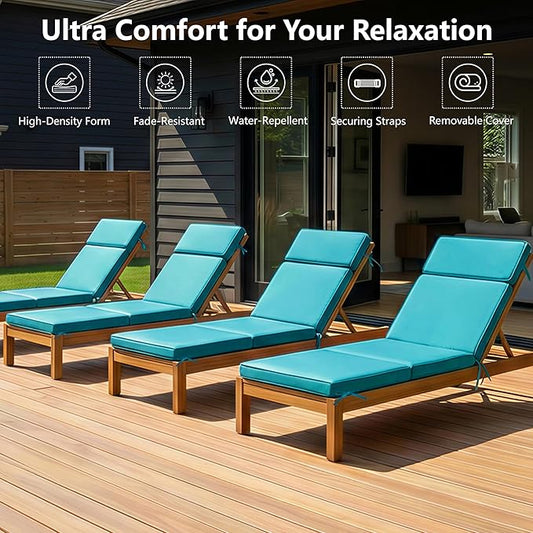 72 x 21 Inch Outdoor Chaise Lounge Cushions Set of 4 - Removable Cover, 4-Section Design, Water-Repellent & Fade-Resistant, 6 Tie Straps, Replacement for Patio & Pool Chairs - Teal