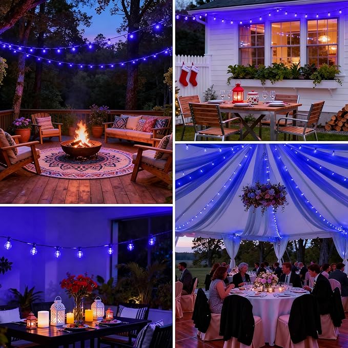 25 FT Blue Outdoor String Lights G40 Globe Shatterproof Patio Lights,13 Plastic Edison Bulbs(1 Spare) IP65 Waterproof Dimmable LED Bulbs for Backyard Porch Balcony Party Decor, E12 Base
