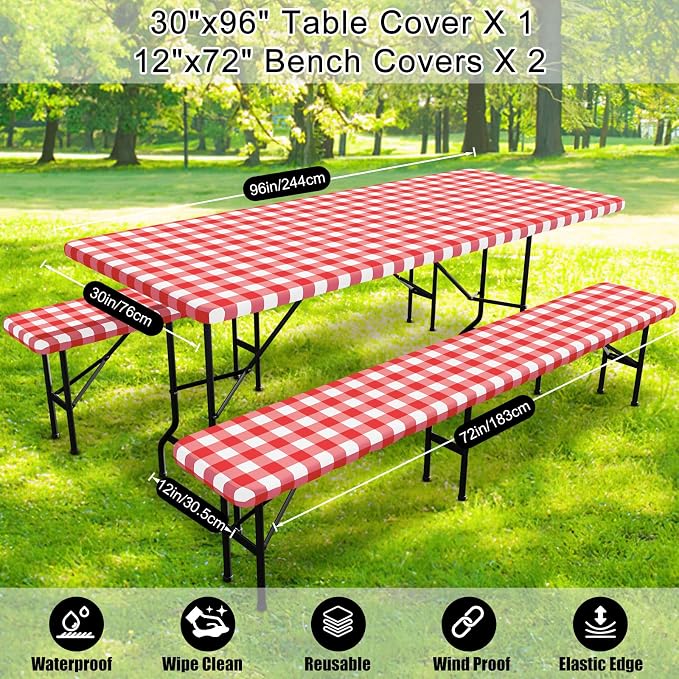 Smiry Picnic Table Cover with Bench Covers, Waterproof Elastic Fitted Tablecloths for 8 Foot Rectangle Tables, Washable Buffalo Plaid Tablecloth for Camping, Outdoor & BBQ (Red & White, 30"x96")